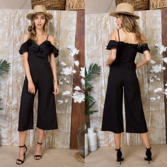 Bellanblue Pants - Classic Black Ruffle Cami Cold Shoulder Cropped Jumpsuit
